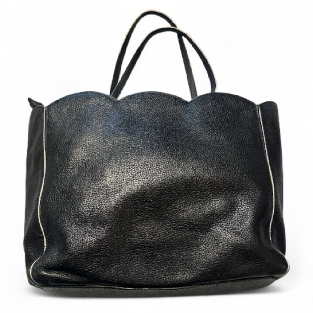 Kate Spade Black Pebbled Leather Scalloped Tote w/ White Trim & Stripped Lining - Picture 3 of 8